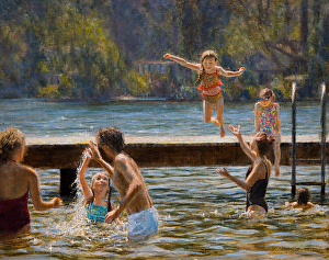 Swim Park regular, James McGrew, painted this picture of his daughter enjoying the popular Lake Grove destination. "I lived here for ten years before I knew about this place," he admits. But now he and his family find it the perfect spot for swimming, picnicking, enjoying the 4th of July fireworks and...painting. 