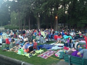Lake Oswegans show up to things, like the 4th of July fireworks on the lake. Here you see families claiming their spots at the Lake Grove Swim Park hours befor