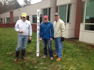 Lake Oswego Rotarians recently planted Peace Poles at the six elementary schools in town. This one, at Oak Creek, says "May Peace Prevail on Earth" in English, Spanish, Korean, Arabic, Chinese, Farsi, Russian and Hindi.